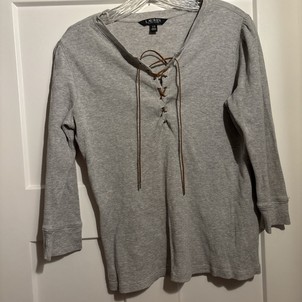 Ralph Lauren Gray Lace-Up Long Sleeve Top